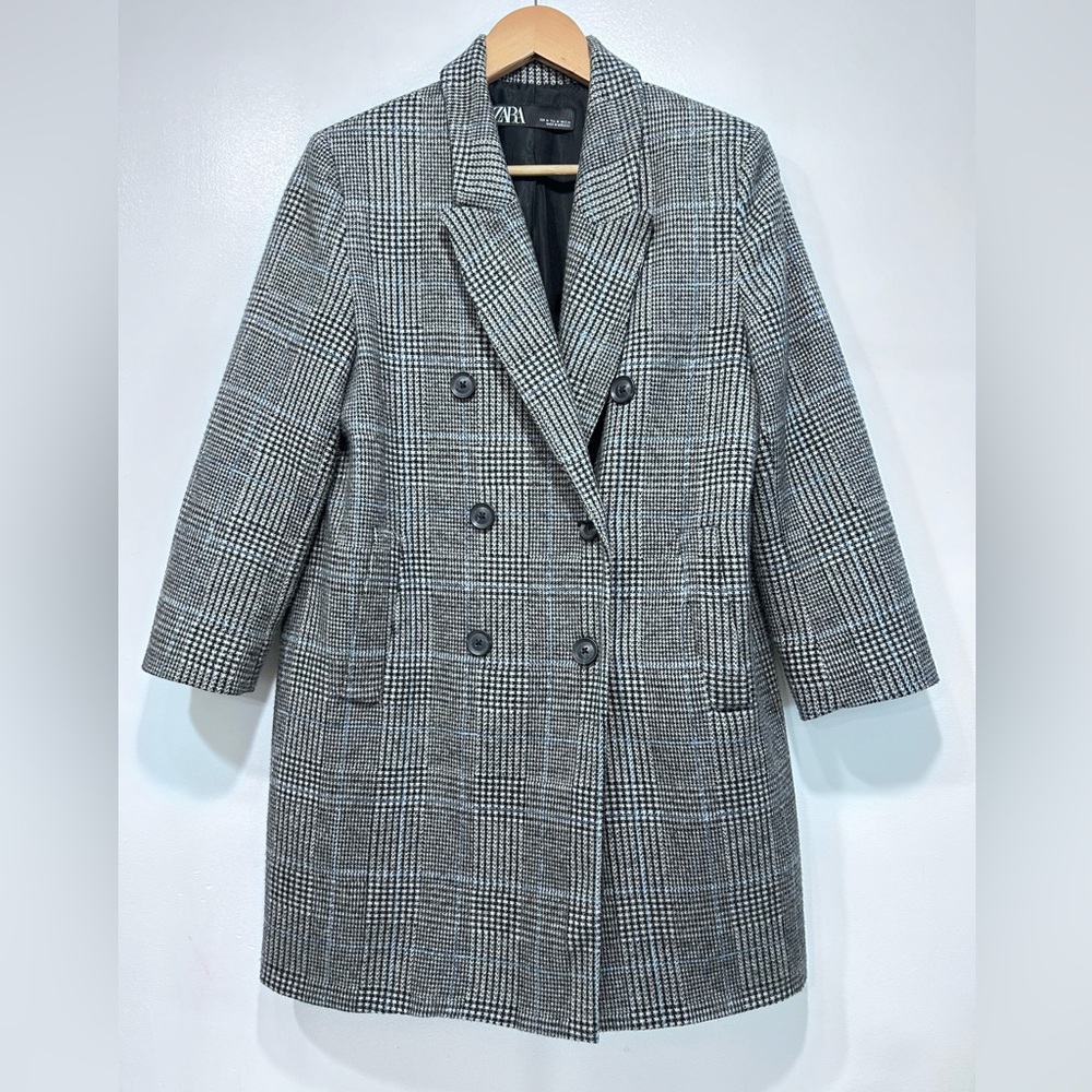 Zara Double Breasted Plaid Black White Houndstooth Cotton Blend‎ Blazer Jacket M